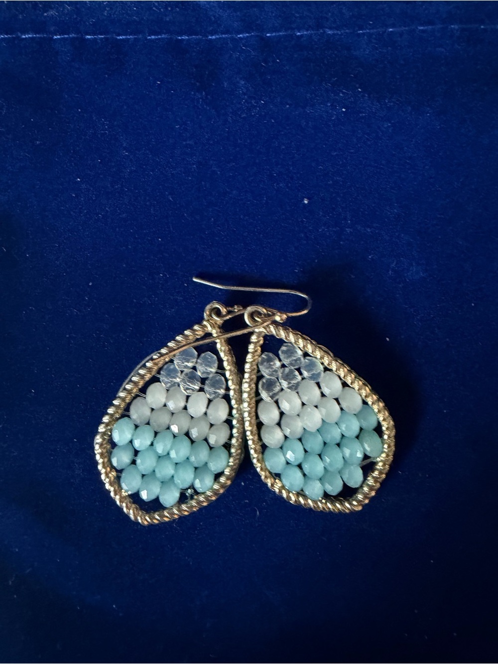 Gold-Trim Teardrop Beaded Earrings in Aqua and White